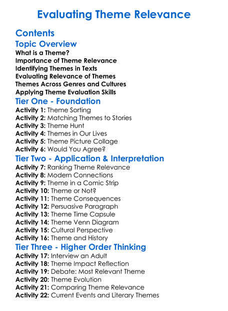 Evaluating Theme Relevance Worksheet Activity Booklet