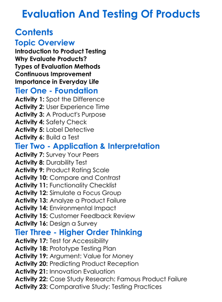 Evaluation And Testing Of Products Worksheet Activity Booklet