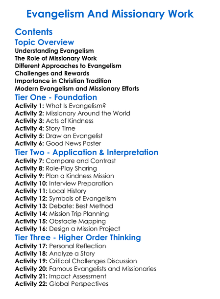 Evangelism And Missionary Work Worksheet Activity Booklet