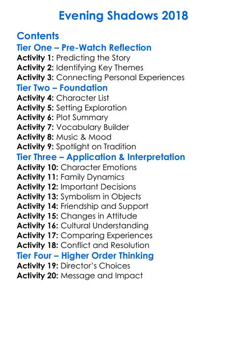 Evening Shadows 2018 Worksheet Activity Booklet