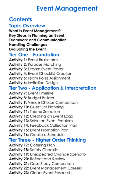 Event Management Worksheet Activity Booklet