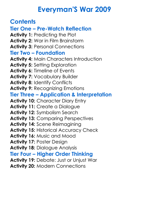 Everymans War 2009 Worksheet Activity Booklet