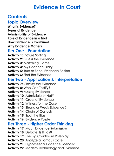 Evidence In Court Worksheet Activity Booklet