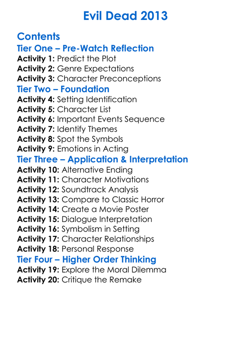 Evil Dead 2013 Worksheet Activity Booklet