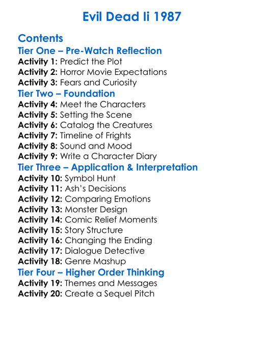 Evil Dead Ii 1987 Worksheet Activity Booklet