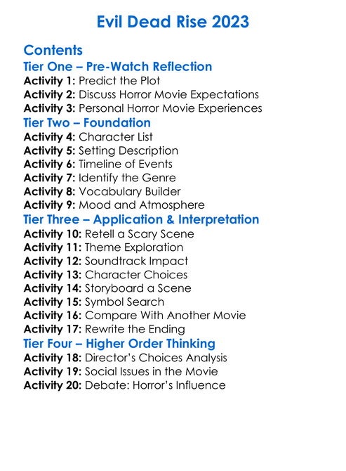 Evil Dead Rise 2023 Worksheet Activity Booklet