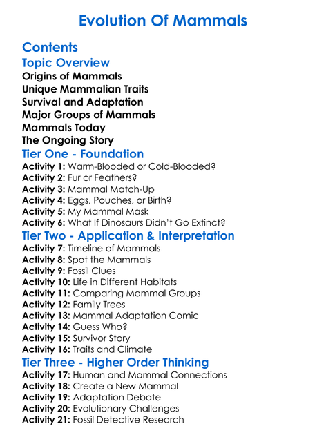 Evolution Of Mammals Worksheet Activity Booklet