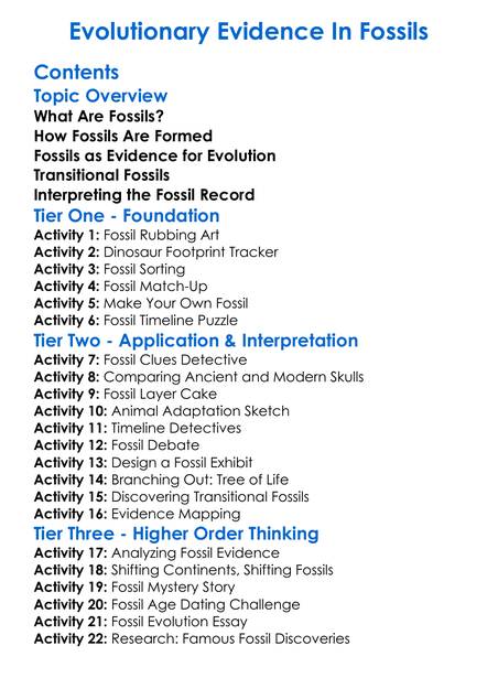 Evolutionary Evidence In Fossils Worksheet Activity Booklet