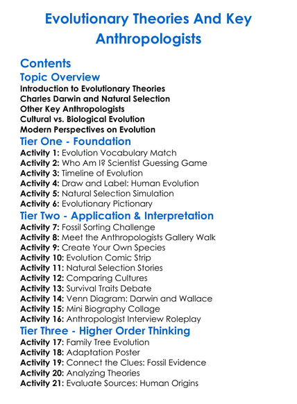 Evolutionary Theories And Key Anthropologists Worksheet Activity Booklet