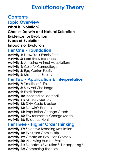 Evolutionary Theory Worksheet Activity Booklet