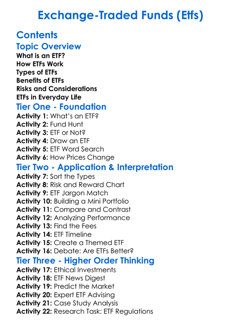 Exchange-Traded Funds Etfs Worksheet Activity Booklet