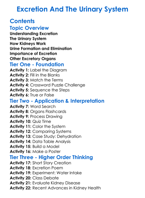 Excretion And The Urinary System Worksheet Activity Booklet