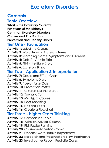 Excretory Disorders Worksheet Activity Booklet