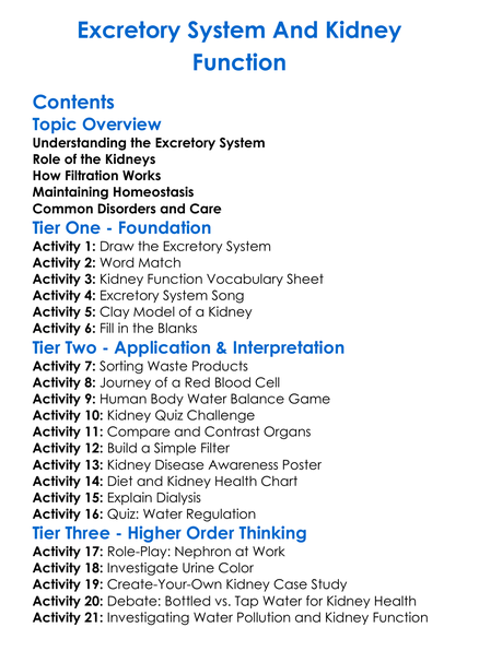 Excretory System And Kidney Function Worksheet Activity Booklet