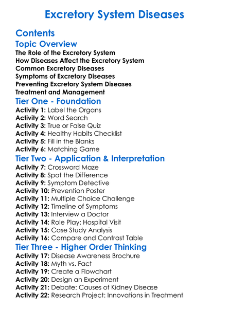 Excretory System Diseases Worksheet Activity Booklet