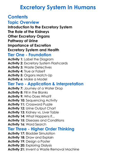 Excretory System In Humans Worksheet Activity Booklet