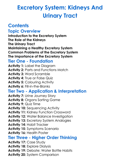 Excretory System Kidneys And Urinary Tract Worksheet Activity Booklet