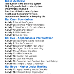 Excretory System Overview Worksheet Activity Booklet
