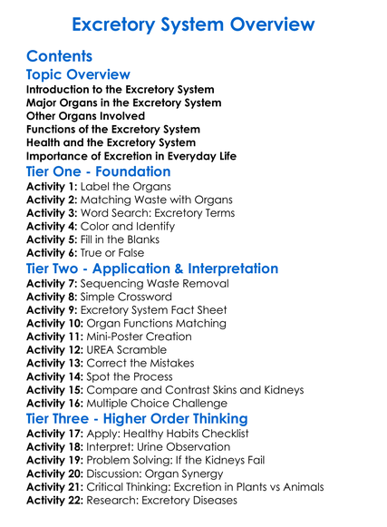Excretory System Overview Worksheet Activity Booklet