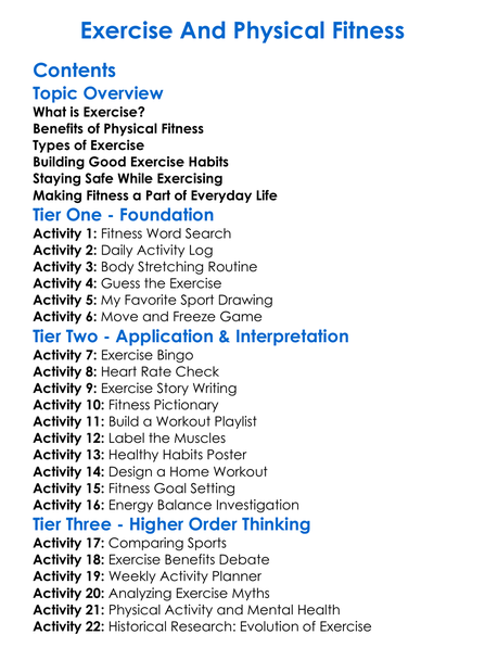 Exercise And Physical Fitness Worksheet Activity Booklet