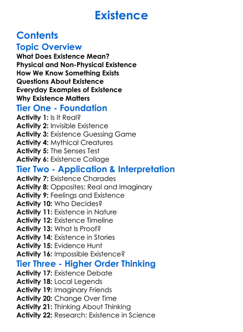Existence Worksheet Activity Booklet
