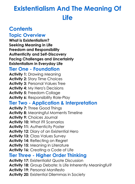 Existentialism And The Meaning Of Life Worksheet Activity Booklet