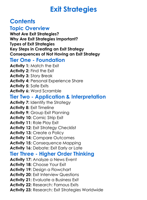 Exit Strategies Worksheet Activity Booklet