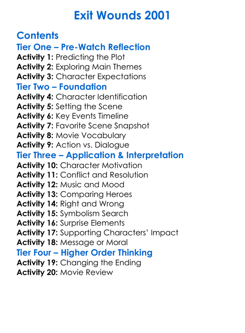 Exit Wounds 2001 Worksheet Activity Booklet