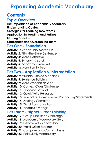 Expanding Academic Vocabulary Worksheet Activity Booklet