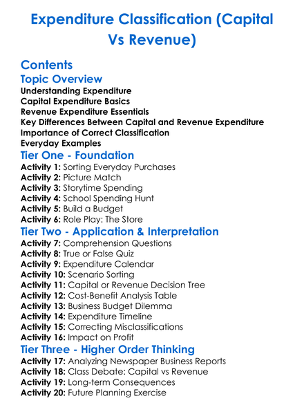 Expenditure Classification Capital Vs Revenue Worksheet Activity Booklet