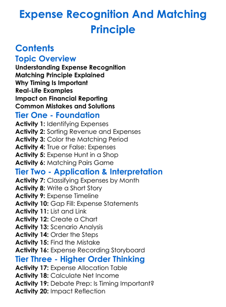 Expense Recognition And Matching Principle Worksheet Activity Booklet