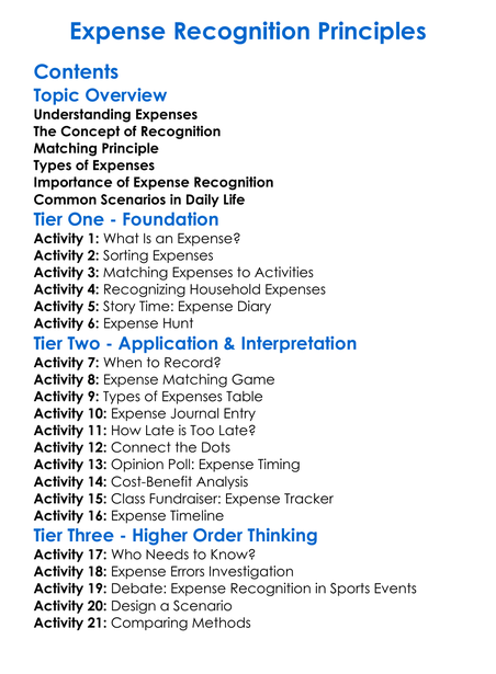 Expense Recognition Principles Worksheet Activity Booklet