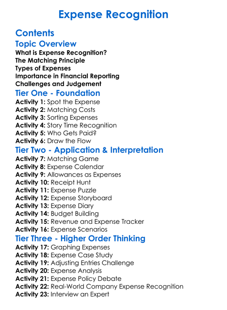 Expense Recognition Worksheet Activity Booklet