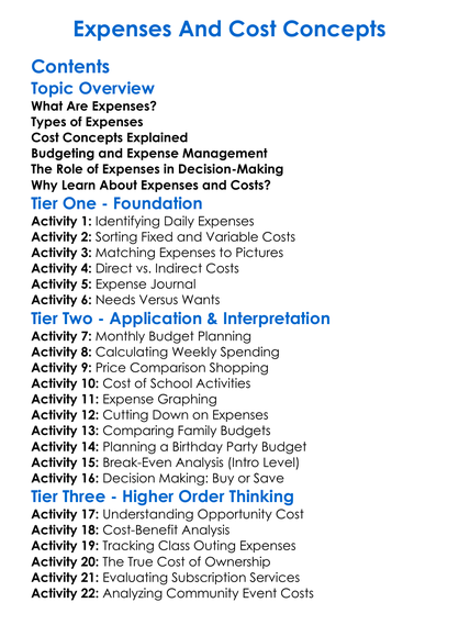 Expenses And Cost Concepts Worksheet Activity Booklet