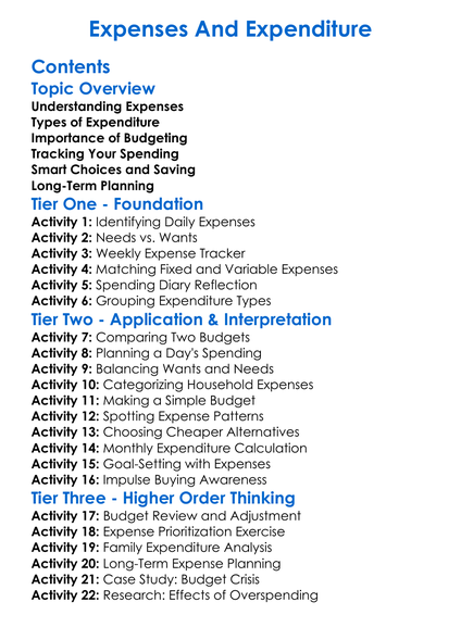 Expenses And Expenditure Worksheet Activity Booklet