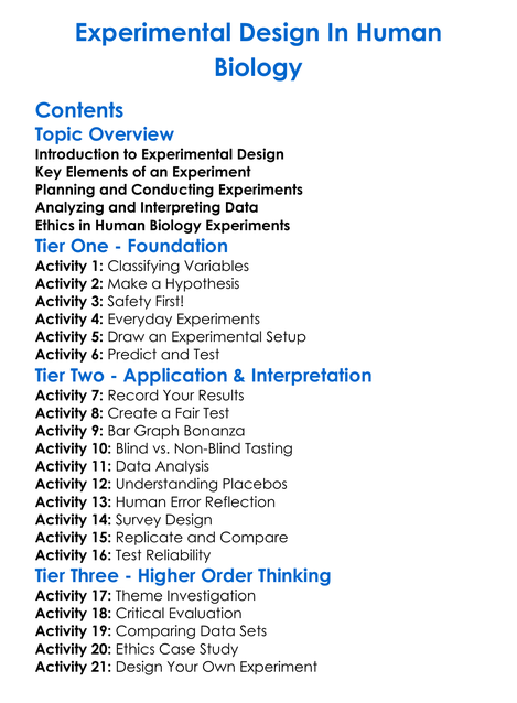 Experimental Design In Human Biology Worksheet Activity Booklet