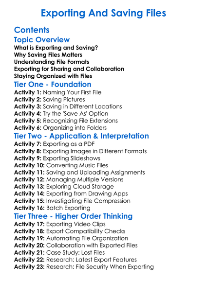 Exporting And Saving Files Worksheet Activity Booklet