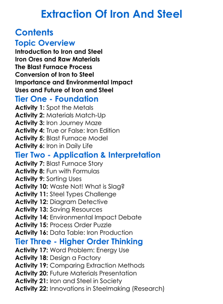Extraction Of Iron And Steel Worksheet Activity Booklet
