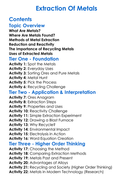 Extraction Of Metals Worksheet Activity Booklet