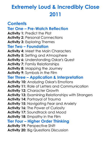 Extremely Loud Incredibly Close 2011 Worksheet Activity Booklet