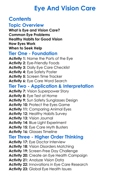 Eye And Vision Care Worksheet Activity Booklet