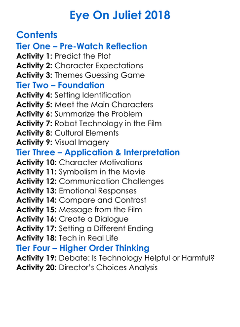 Eye On Juliet 2018 Worksheet Activity Booklet