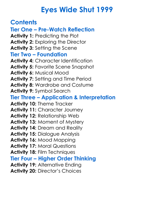 Eyes Wide Shut 1999 Worksheet Activity Booklet