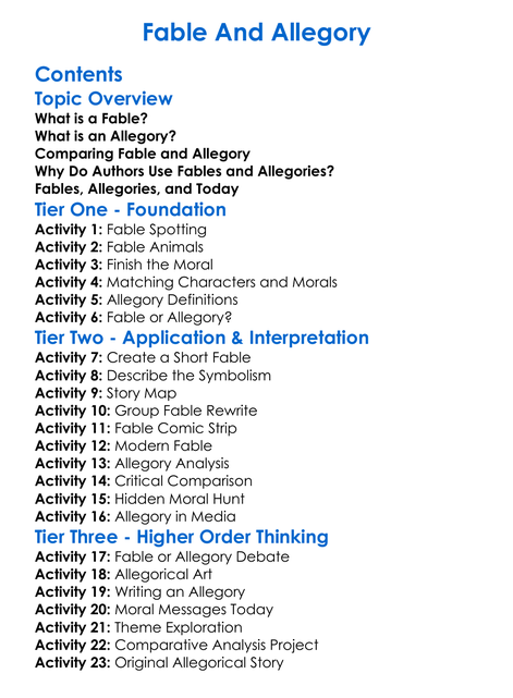 Fable And Allegory Worksheet Activity Booklet