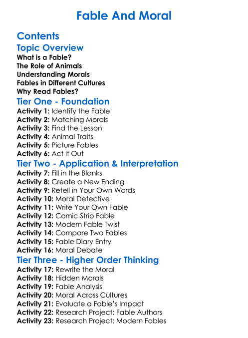 Fable And Moral Worksheet Activity Booklet