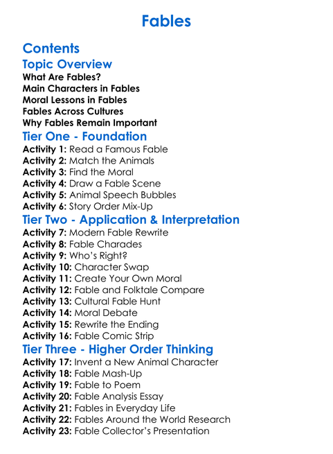 Fables Worksheet Activity Booklet