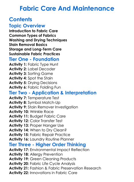 Fabric Care And Maintenance Worksheet Activity Booklet