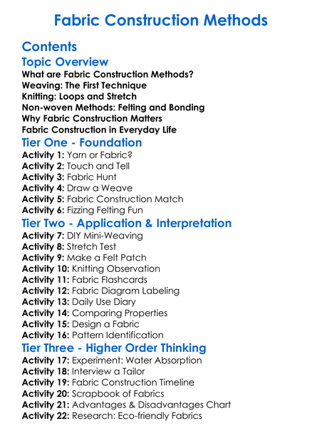 Fabric Construction Methods Worksheet Activity Booklet