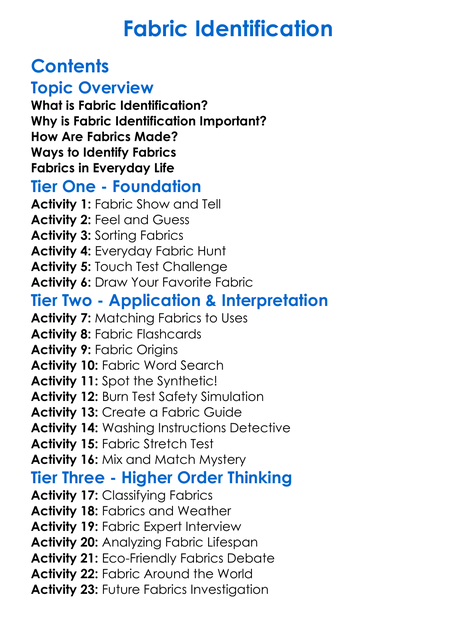 Fabric Identification Worksheet Activity Booklet