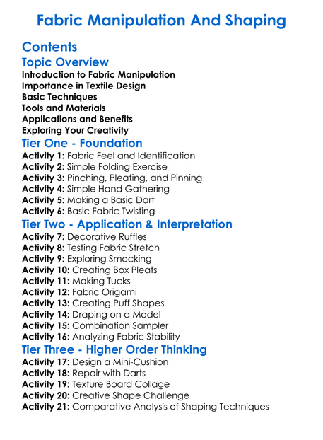 Fabric Manipulation And Shaping Worksheet Activity Booklet